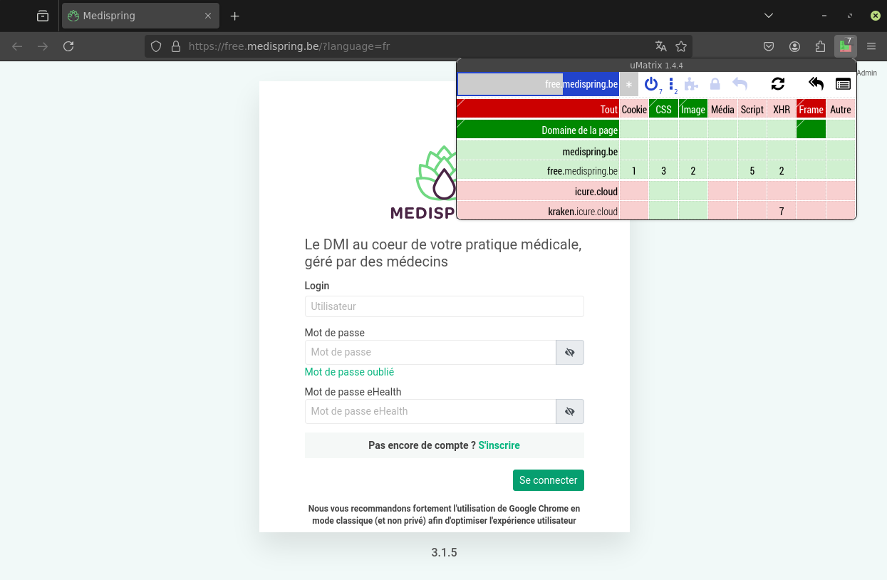 Capture d'écran de la page de free.medisrping.be avec l'extension uMatrix qui affiche les appels externes vers icure.cloud.