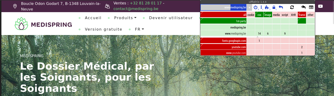 Capture d'écran montrant la page d'accueil du site web de Medispring avec l'extension uMatrix affichant les appels externes au domaine de medispring.be