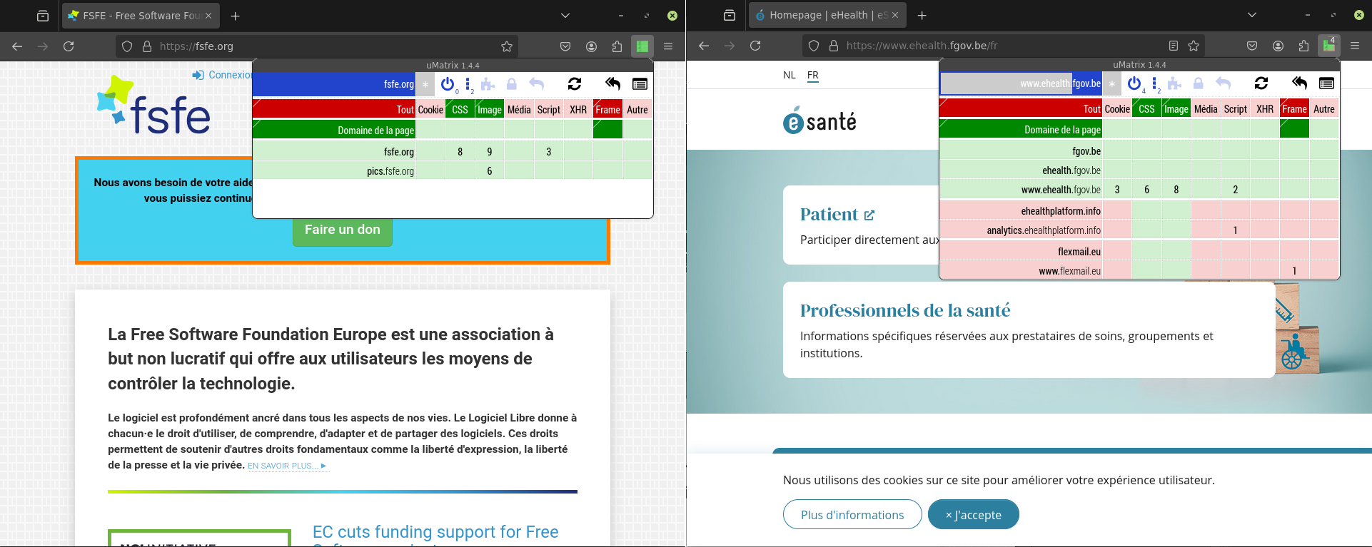 La partie gauche montre le site fsfe.org avec l'extension uMatrix qui affiche que la page ne fait aucun appel externe. La partie droite montre le site ehealth.fgov.be avec l'extension uMatrix qui affiche en rose les appels externes au domaine de la page visitée, à savoir ehealthplatform.info et flexmail.eu