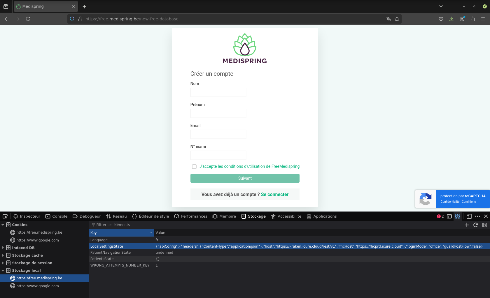Capture d'écran affichant la page de connexion de la version gratuite de Medispring. On y voit les champs nom, prénom, email et n°inami, de même que la case à cocher des conditions d'utilisation et le bouton suivant. En bas à droite de la page se trouve un badge qui dit « protégé par reCAPTCHA ». Et sous la page, l'outil de développement du navigateur Firefox affichant des cookies de free.medispring.be et de www.google.com et également le stockage l'ocal.